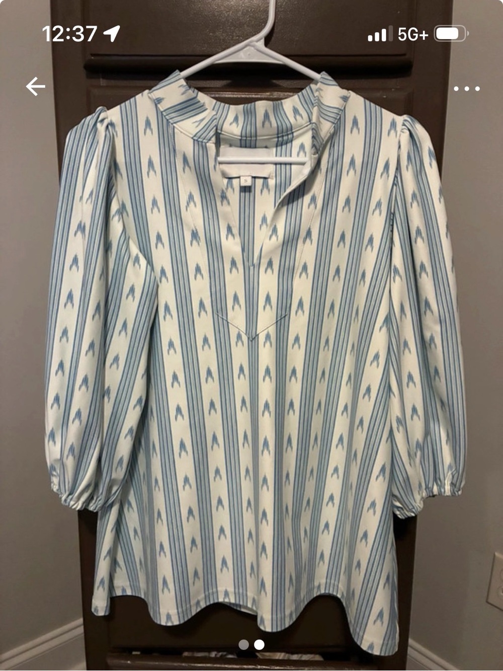 Light Blue & White Striped V-Notch Blouse